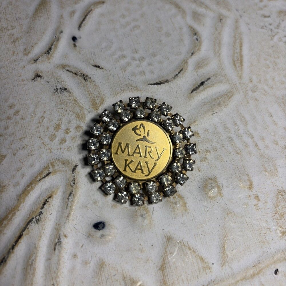 Vtg. MARY KAY Gold Tone Award 2 Row RHINESTONE PIN BROOCH 1.5"